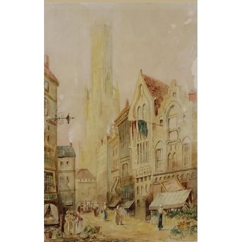 991 - A Starie - Bruges street scene, 19th century watercolour, mounted and framed, 47cm x 30cm