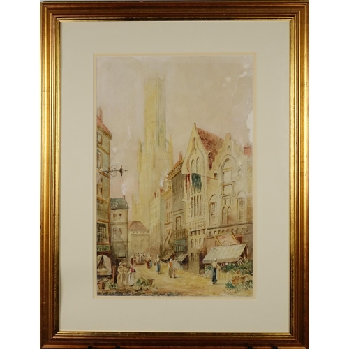 991 - A Starie - Bruges street scene, 19th century watercolour, mounted and framed, 47cm x 30cm