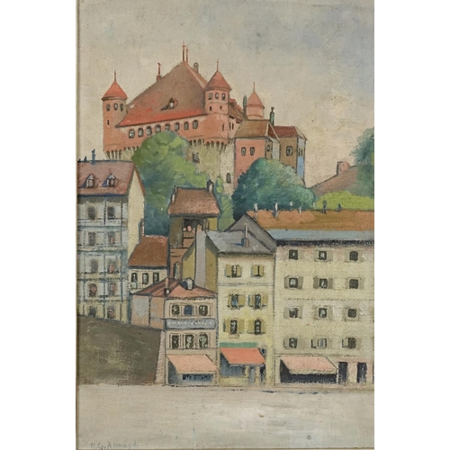 1006 - Rene Gustane Almand - Continental town, oil on board, label and inscriptions verso, mounted and fram... 