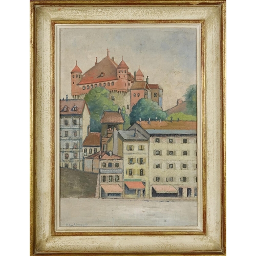 1006 - Rene Gustane Almand - Continental town, oil on board, label and inscriptions verso, mounted and fram... 