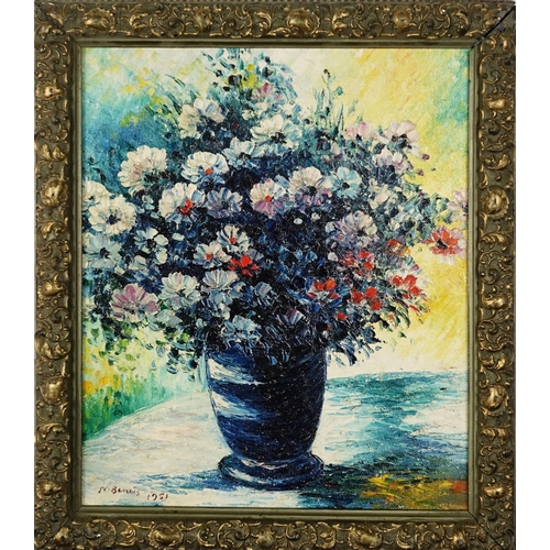 956 - Still life flowers in a vase, French school oil on board, bearing a signature Bonois, framed, 31.5cm... 