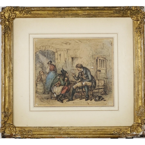 974 - Figures in an interior, 19th century ink and watercolour, bearing an indistinct signature, mounted a... 