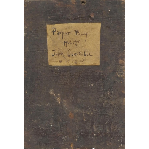 983 - After John Constable - Piper Boy, antique oil on wood panel, label verso, unframed, 20cm x 14cm