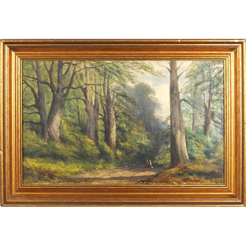 1011 - Thomas Creswick RA - Woodland view with figures on a path, 19th century oil on board, inscribed vers... 