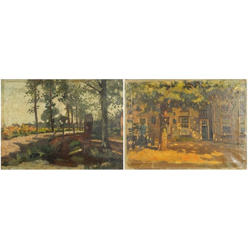895 - Bridge at the Frankfurt Zoo and a courtyard, near pair of early 20th century German school oil on ca... 
