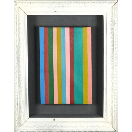 964 - Manner of Bridget Riley - Abstract composition, colourful lines, mounted and housed in a 3D frame, 3... 