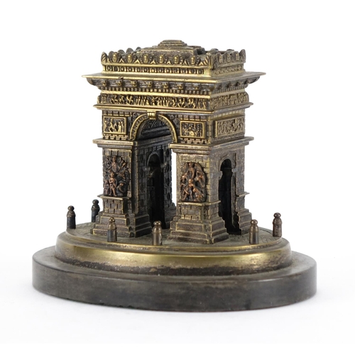 13 - 19th century Grand Tour patinated bronze model of Arc de Triomphe, with hinged compartment raised on... 