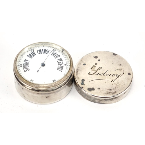 28 - 19th century silver pocket barometer, with enamelled dial and fitted case, indistinct hallmarks, 3cm... 
