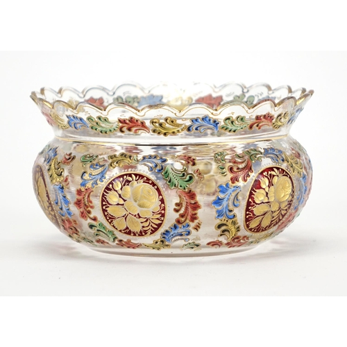 512 - Bohemian glass bowl enamelled and gilded with flowers, 12.5cm in diameter