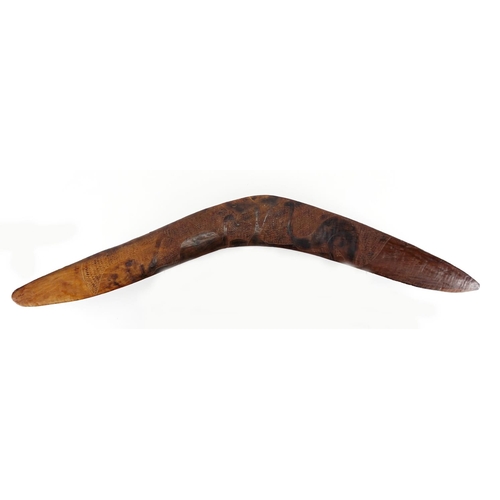 470 - Australian Aboriginal boomerang together with a Maori Wahaika hand club and bookmark, the largest 67... 
