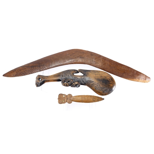 470 - Australian Aboriginal boomerang together with a Maori Wahaika hand club and bookmark, the largest 67... 