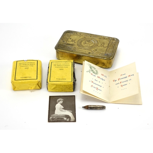 212 - British Military World War I brass Mary tin with contents including sterling silver pencil, tobacco ... 