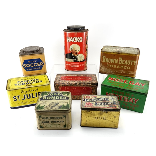122 - Eight vintage advertising tins including Ansie's Brown Beauty, Nosegay, Ogdens, Hack's and Will's So... 