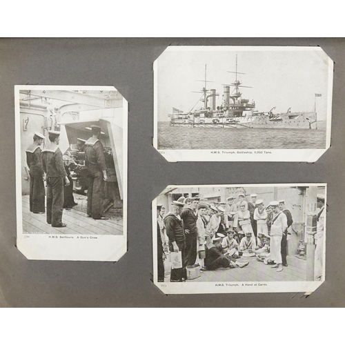 140 - Collection of Naval postcards some black and white, arranged in an album including officers quarters... 