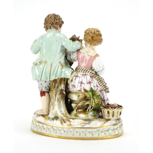 486 - 19th century Meissen porcelain figure group of two children nesting a chick, blue cross sword marks ... 