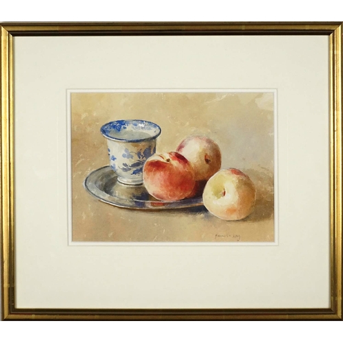 901 - Pamela Kay - White peaches and a tea bowl, watercolour, Nevill Gallery labels and receipt for £1250 ... 