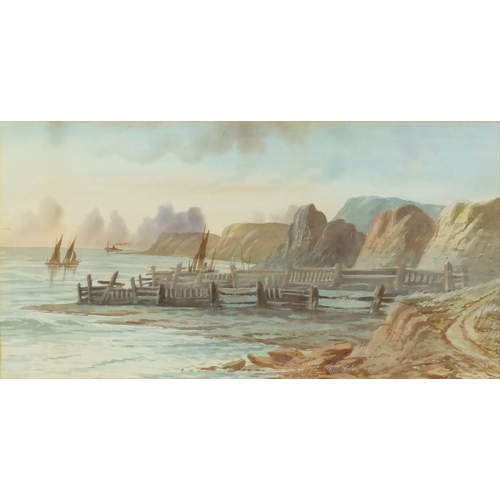 936 - Edwin Earp - Coastal scene with boats, watercolour, mounted and framed, 52.5cm x 23.5cm