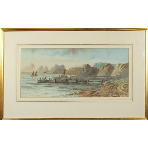 936 - Edwin Earp - Coastal scene with boats, watercolour, mounted and framed, 52.5cm x 23.5cm