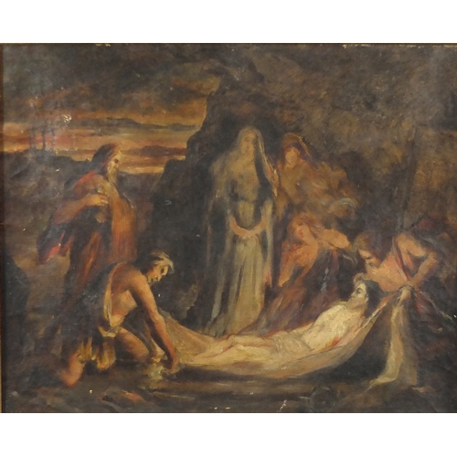 913 - Religious scene, antique oil on canvas, framed, 39.5cm x 32cm