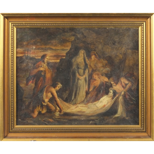 913 - Religious scene, antique oil on canvas, framed, 39.5cm x 32cm