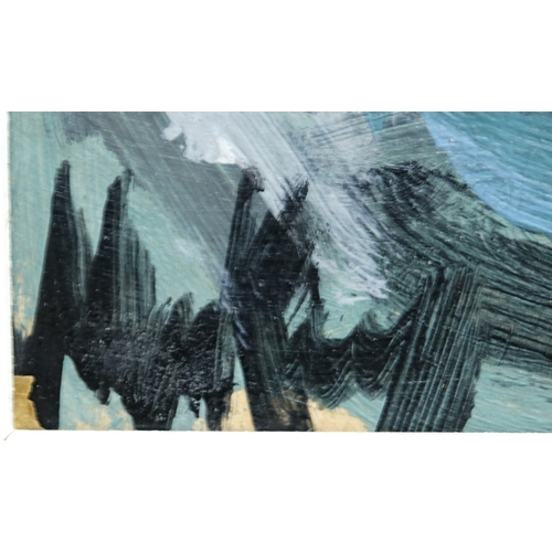 943 - Figures and buildings with water, oil on card, bearing an indistinct signature, framed, 49.5cm x 39.... 