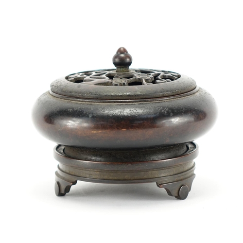 352 - Chinese patinated bronze censer on stand, with prunus design lid, the censer with four figure charac... 