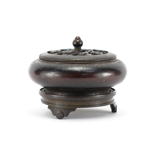 352 - Chinese patinated bronze censer on stand, with prunus design lid, the censer with four figure charac... 