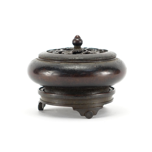 352 - Chinese patinated bronze censer on stand, with prunus design lid, the censer with four figure charac... 