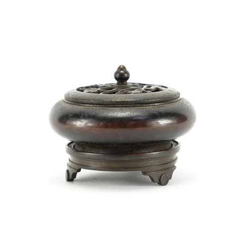 352 - Chinese patinated bronze censer on stand, with prunus design lid, the censer with four figure charac... 