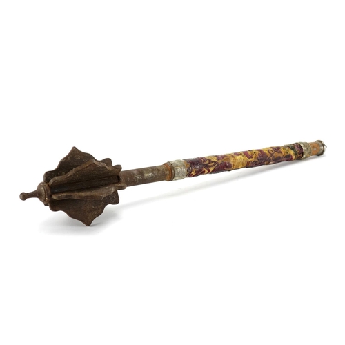 450 - Antique Polish iron mace the fabric handle embroidered with foliate motifs, 60cm in length