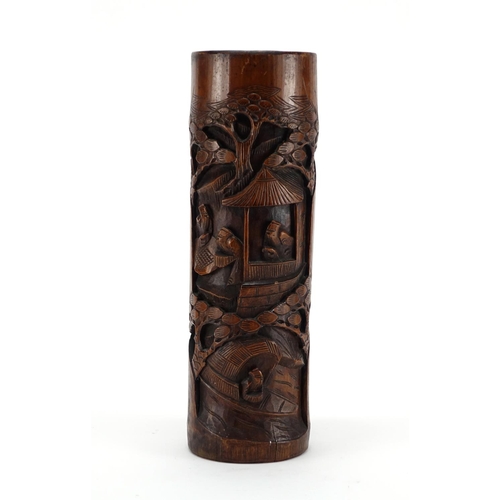 381 - Chinese cylindrical bamboo brush pot carved with figures, 34cm high