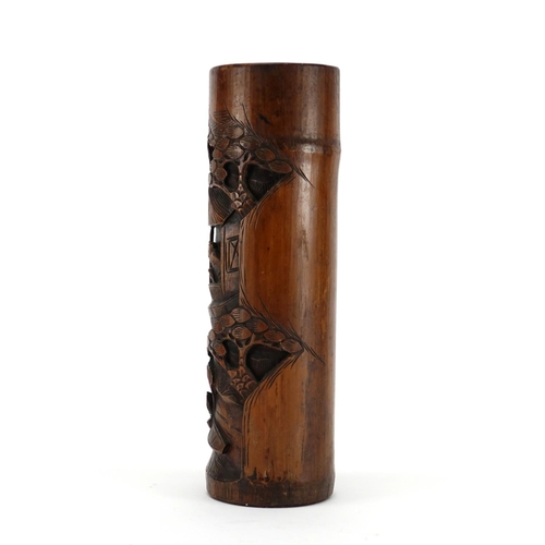 381 - Chinese cylindrical bamboo brush pot carved with figures, 34cm high