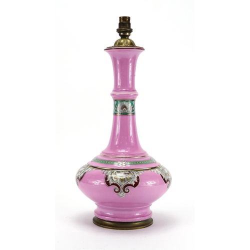 488 - 19th century continental pink ground porcelain vase lamp, decorated with classical motifs, 46cm high