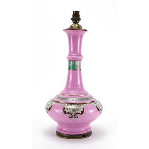 488 - 19th century continental pink ground porcelain vase lamp, decorated with classical motifs, 46cm high