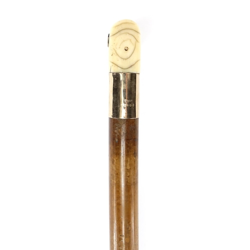 78 - Malacca walking stick with Japanese ivory and Shibayama handle and 9ct gold mount, the handle decora... 