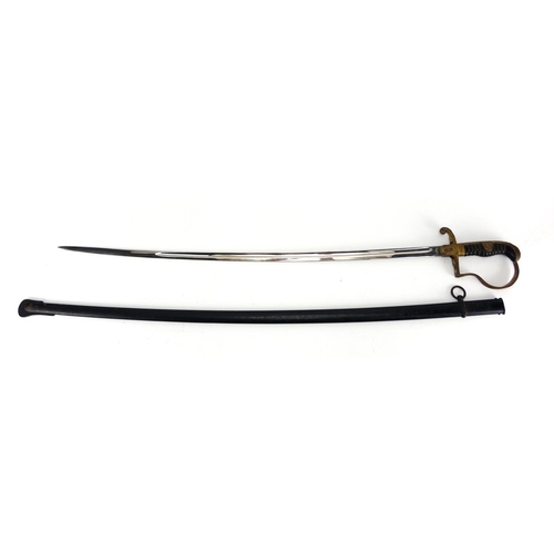 252 - German Military interest sword with scabbard, the steel blade impressed Carl Eickhorn, 100cm in leng... 