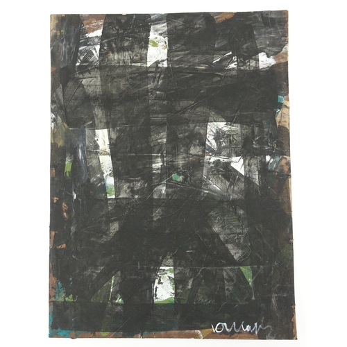 981 - Abstract composition, black stripes, mixed media on card, bearing an indistinct signature and inscri... 