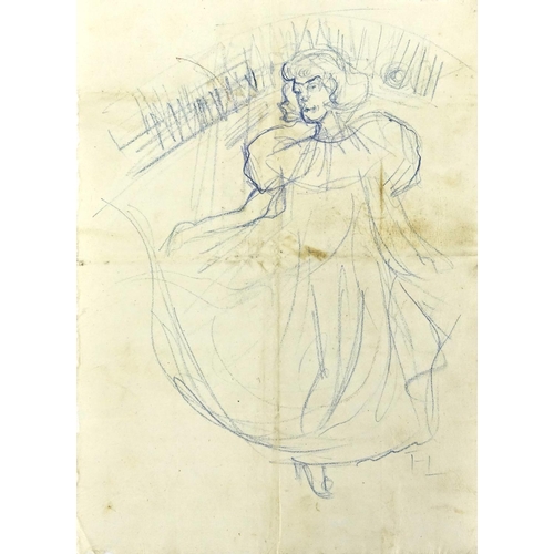 969 - Female in a dress, impressionist pen on paper, bearing a monogram FL, unframed, 28.5cm x 20.5cm