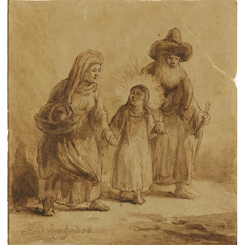 942 - After Rembrandt - Three figures, antique ink on paper,  unframed, 20cm x 19.5cm