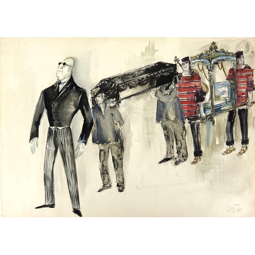 987 - The Funeral, watercolour on paper, bearing an indistinct monogram, unframed, 51cm x 36.5cm
