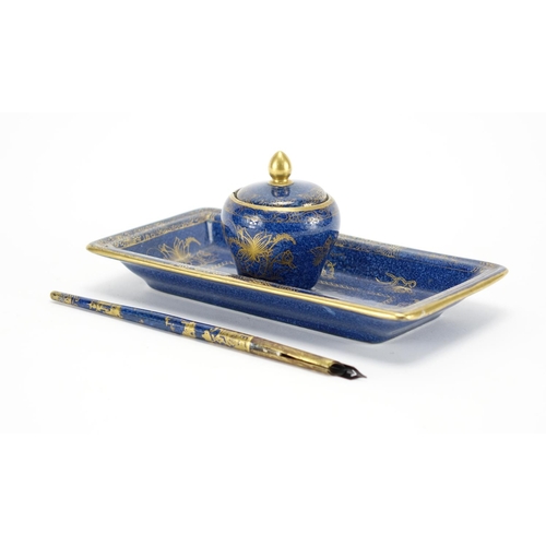 508A - Copeland Spode porcelain inkwell on stand with matching dip pen, each gilded with flowers and birds ... 