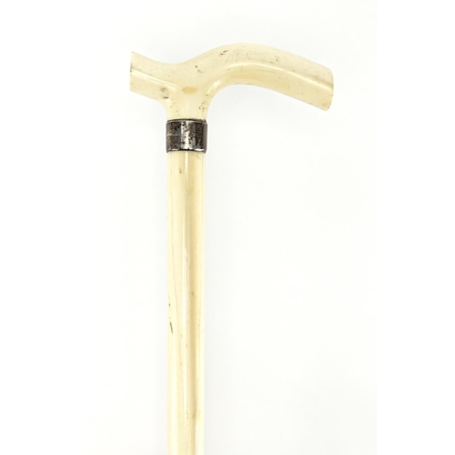 75 - Carved ivory walking stick with unmarked silver collar, 91cm in length