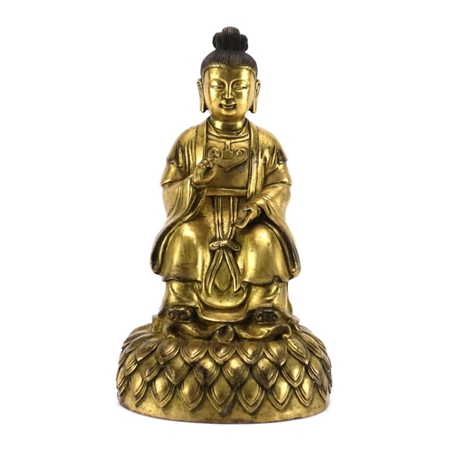 351 - Chino-Tibetan gilt bronze figure of Buddha, 30cm high