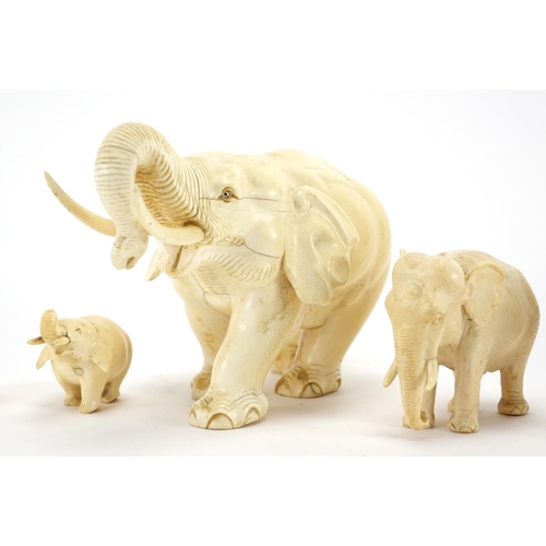 461 - Group of five carved ivory elephant including an Indian example with an Mahout the largest 20cm in l... 