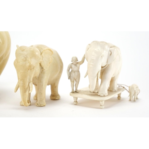 461 - Group of five carved ivory elephant including an Indian example with an Mahout the largest 20cm in l... 