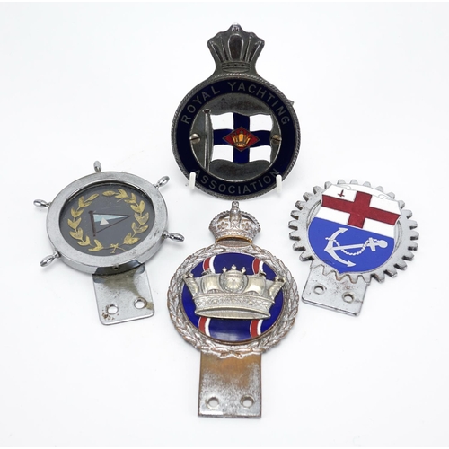 90 - Four vintage car radiator badges including Royal Yachting Association, Royal Navy Kings Crown and Lo... 