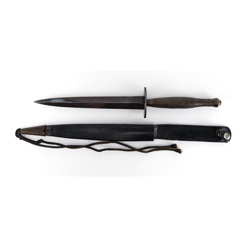 268 - Fairbairn Sykes second pattern fighting knife with leather sheath, 36cm in length