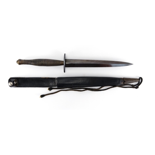 268 - Fairbairn Sykes second pattern fighting knife with leather sheath, 36cm in length
