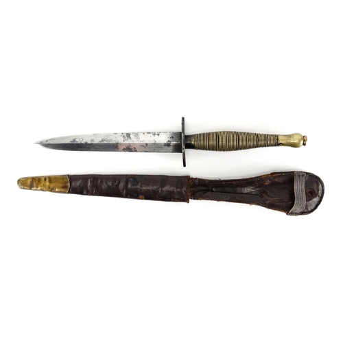 267 - Fairbairn Sykes ring and beaded fighting knife with leather sheath, 31cm in length