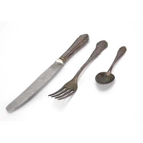 239 - German 800 grade silver fork, knife and spoon with engraved monogram EB, reputably previously owned ... 